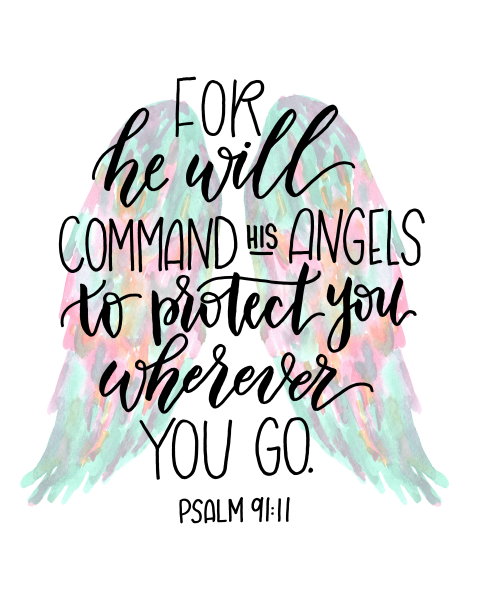 Psalm 9:11 "For he will command his angels to protect you wherever you go" in black cursive in front of iridescent angel wings