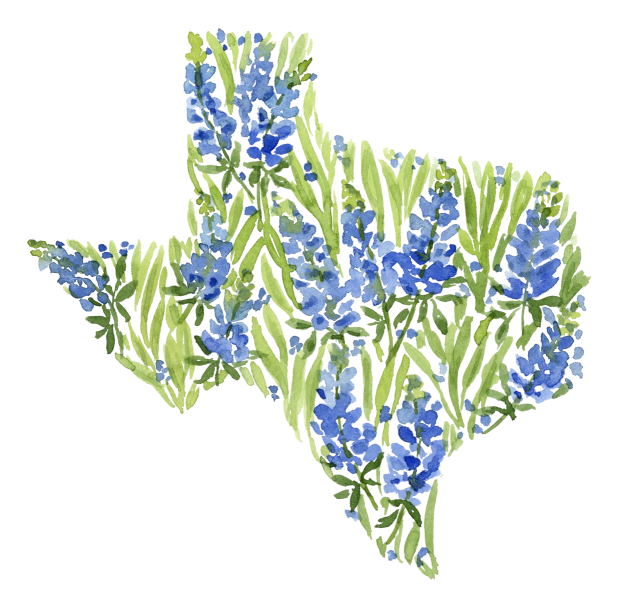 Watercolor Bluebonnets in the shape of Texas