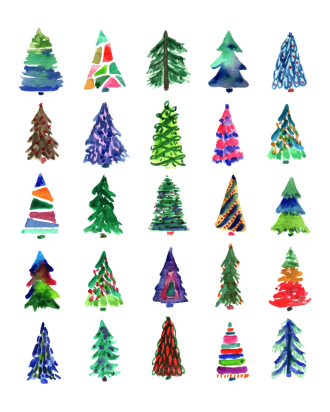 Watercolor of 25 Christmas Trees of different colors