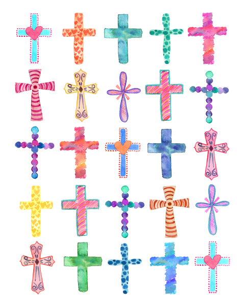 Watercolor print of colorful crosses