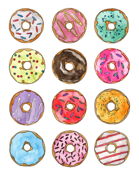 Watercolor of donuts of 12 different flavors