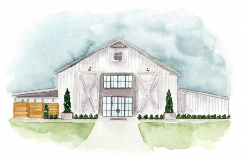 Watercolor painting of white farmhouse