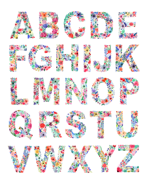 Alphabet in all caps made of colorful flowers