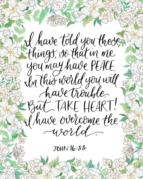 John 16:33 "I have told you these things, so that in me you may have peace. In this world you will have trouble. But take heart! I have overcome the world" in black cursive surrounded by white flowers