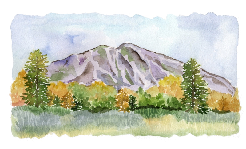 Watercolor painting of a Mount Sopris mountain with clear blue skies with a fall colored forest and green field