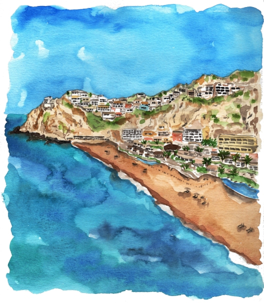 Watercolor of Pedregal Cabo coastline with deep blue water