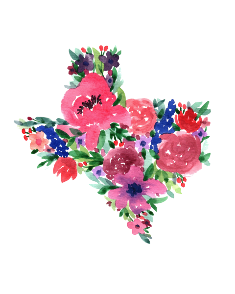 The shape of Texas made up of colorful flowers