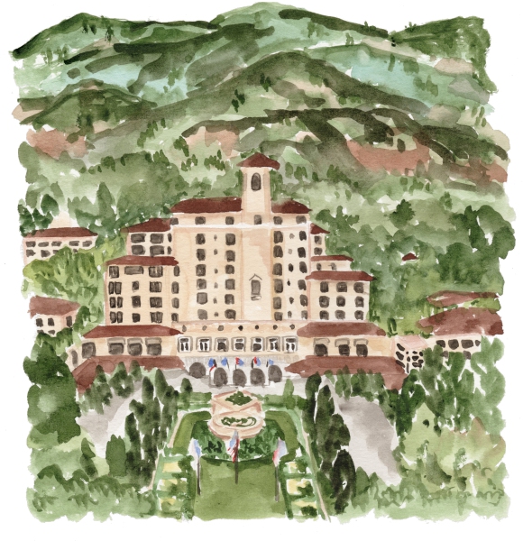 Watercolor painting or the Broadmoor Resort with lush forest
