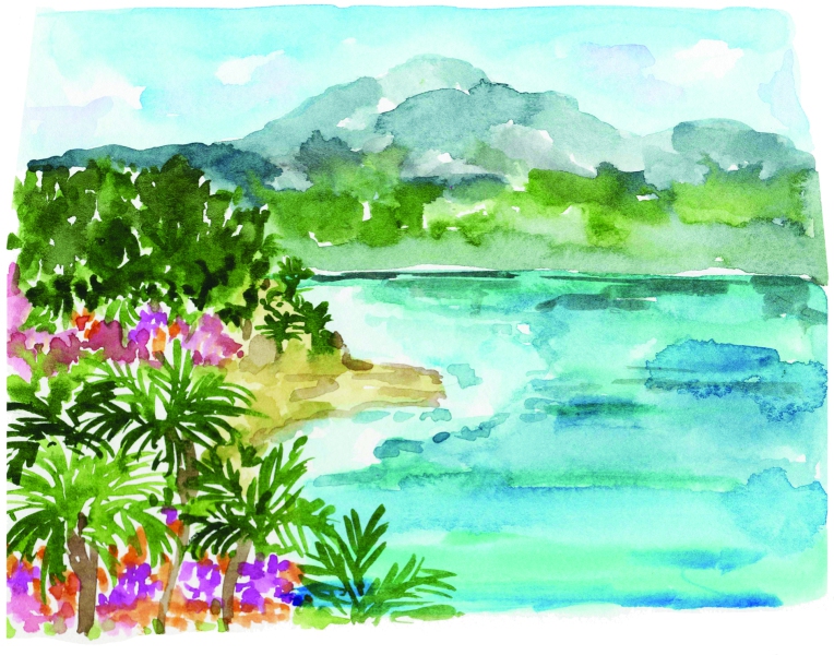 waterpainting  of santa barbara water with colorful flowers on the coast and mountains in the background
