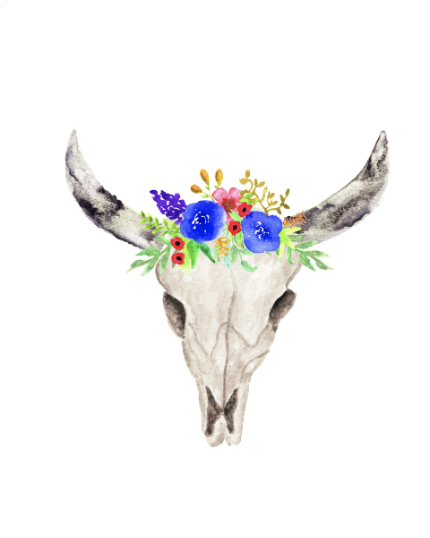 bull skull with colorful flowers on the top of the skull