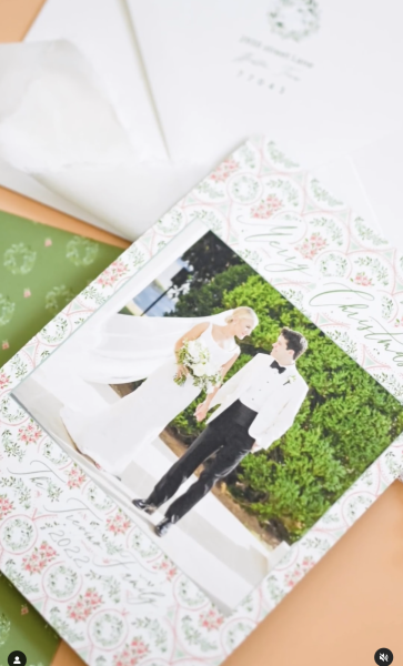wedding photo on floral patterned card