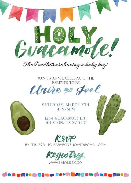 Guacamole themed baby shower invite