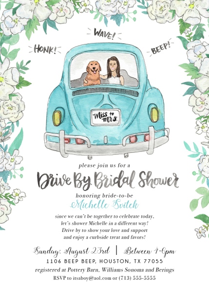 Drive by bridal shower invitation with a blue car and flowers on the sides