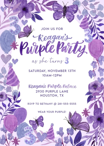 Purple themed birthday invitation