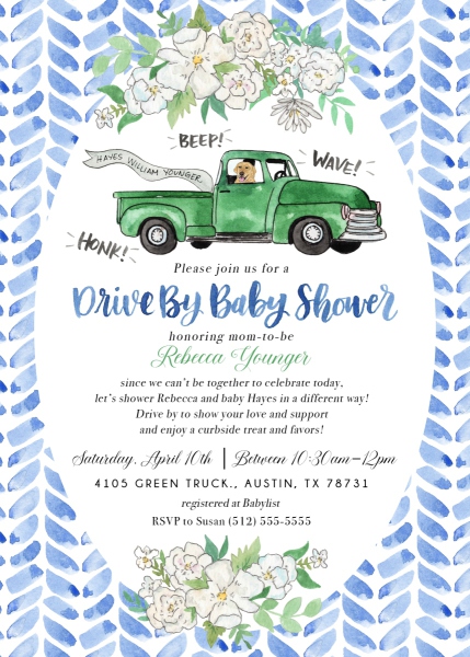 Drive by shower invitation with a green truck