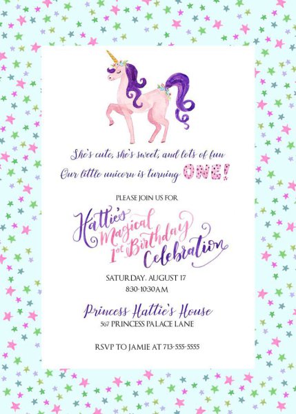Unicorn themed Birthday invitation