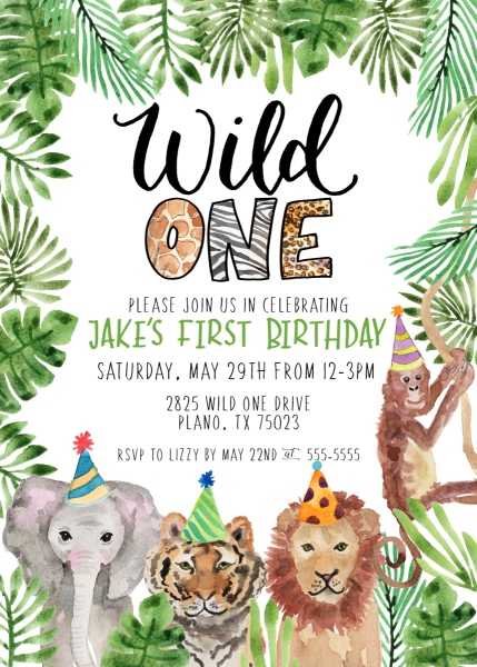 Exotic animal themed birthday invitation