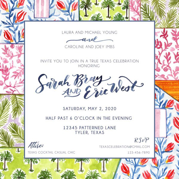 Bridal shower invitation with floral prints on the sides